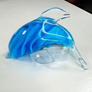 Blue Swirl Art Glass Dolphin Figurine Hand Blown Clear Studio Style 4"